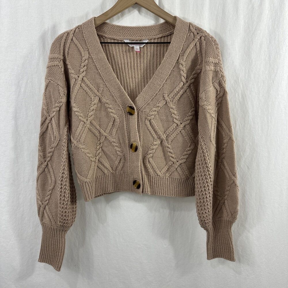 No Boundaries Tan Beige Cableknit Crop Button Cardigan Academia Size M Preppy